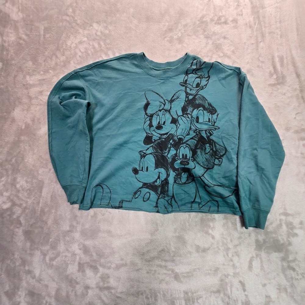 Disney Parks Mickey and Friends Sketch Cropped Sweatshirt Teal Blue Womens Small